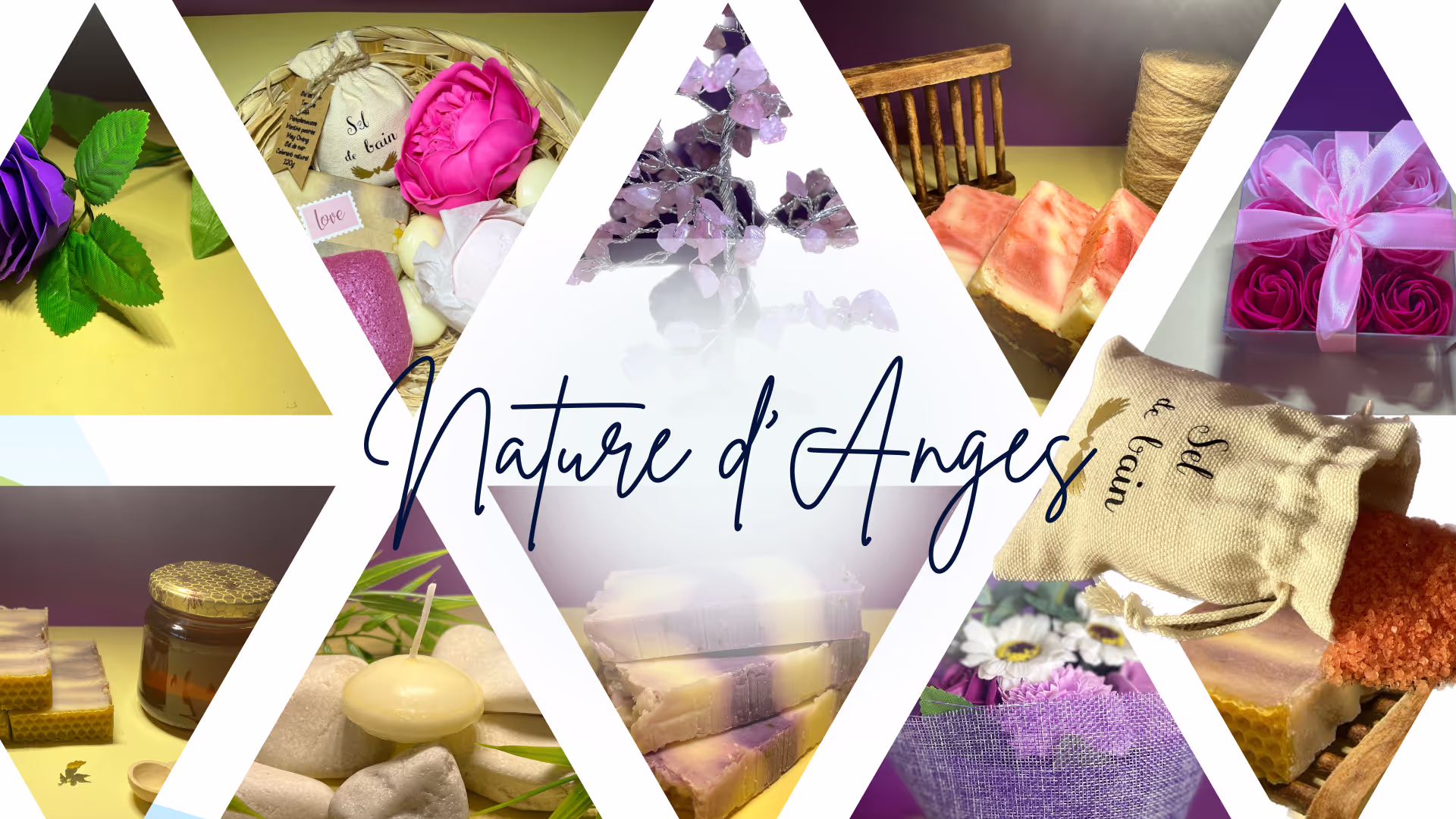 Collection de produits naturels Nature d’Anges dans une ambiance de bien-être relaxante avec lumière douce et plantes.