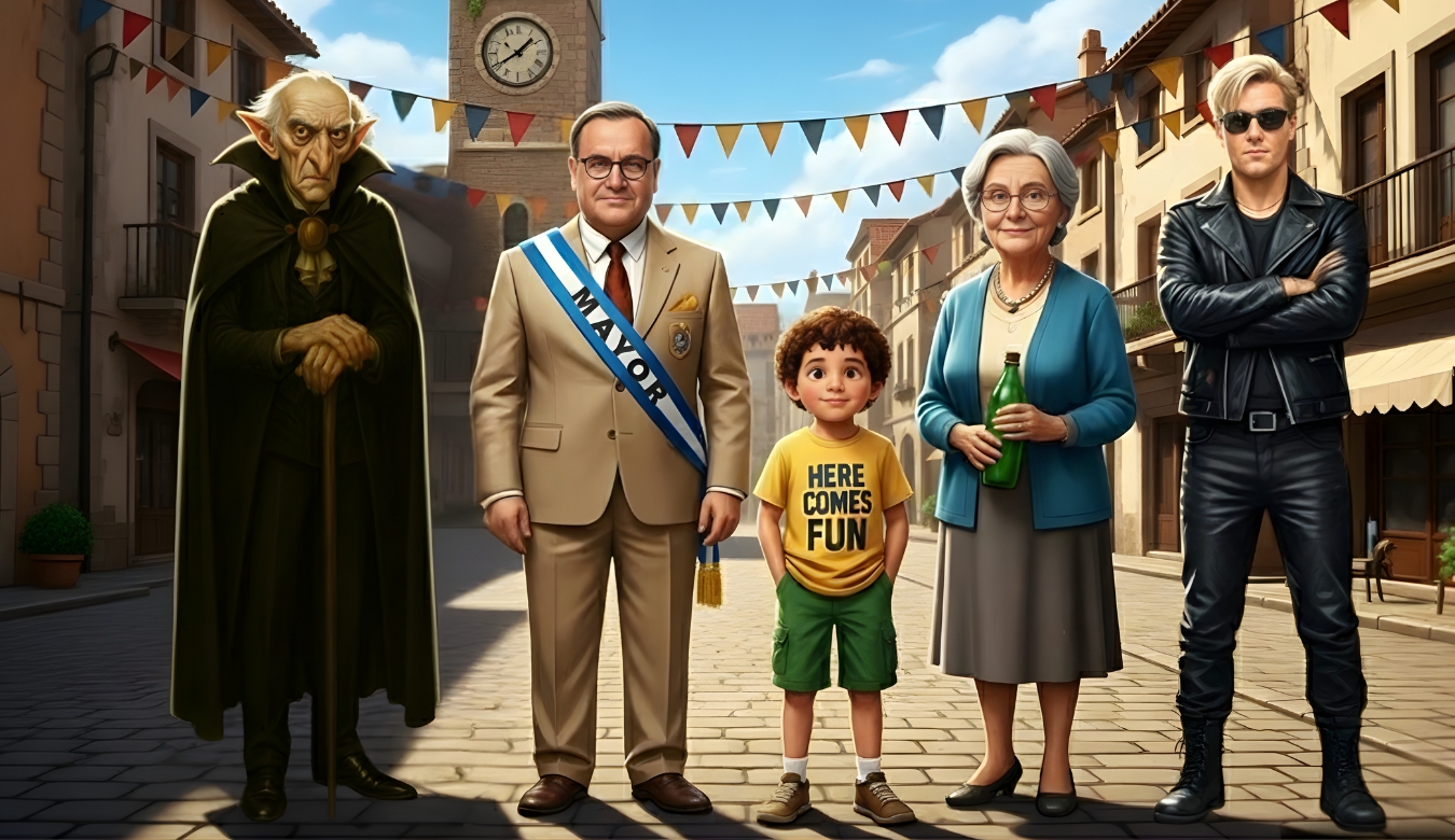 A digital illustration showing The Top 5 Real-Life Inspirations Behind Dracul standing in the sunny town square of Valcronis. From left to right: Count Dracula, an old vampire in a dramatic black cape