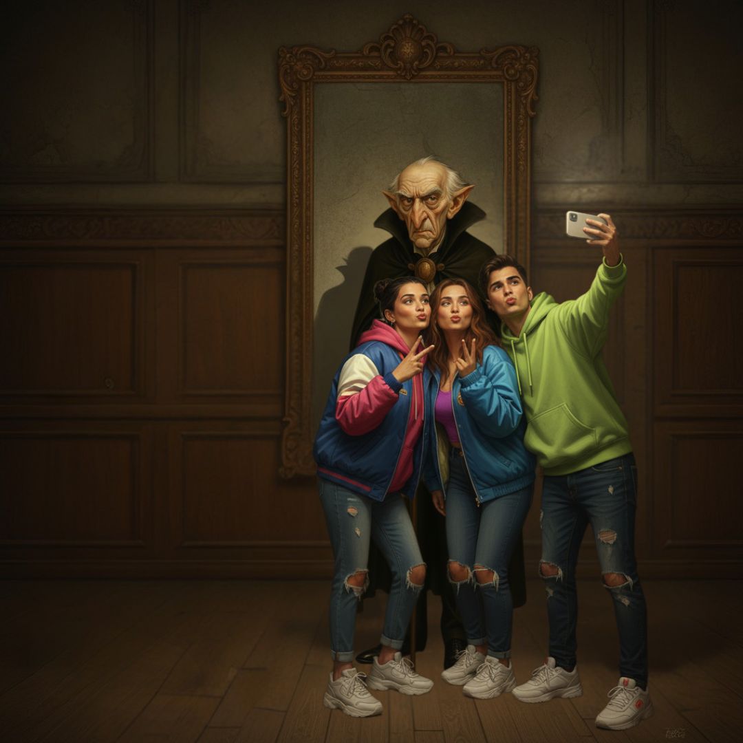 Dracula and influencers taking a selfie together in this Grumpy Dracula’s Guide to Modern Technology blog post.