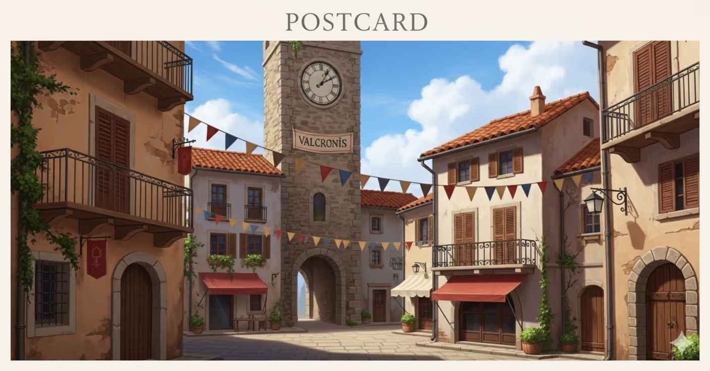 Postcard of Valcronis Vintage-style postcard of Valcronis with neon lights and a Gothic castle.