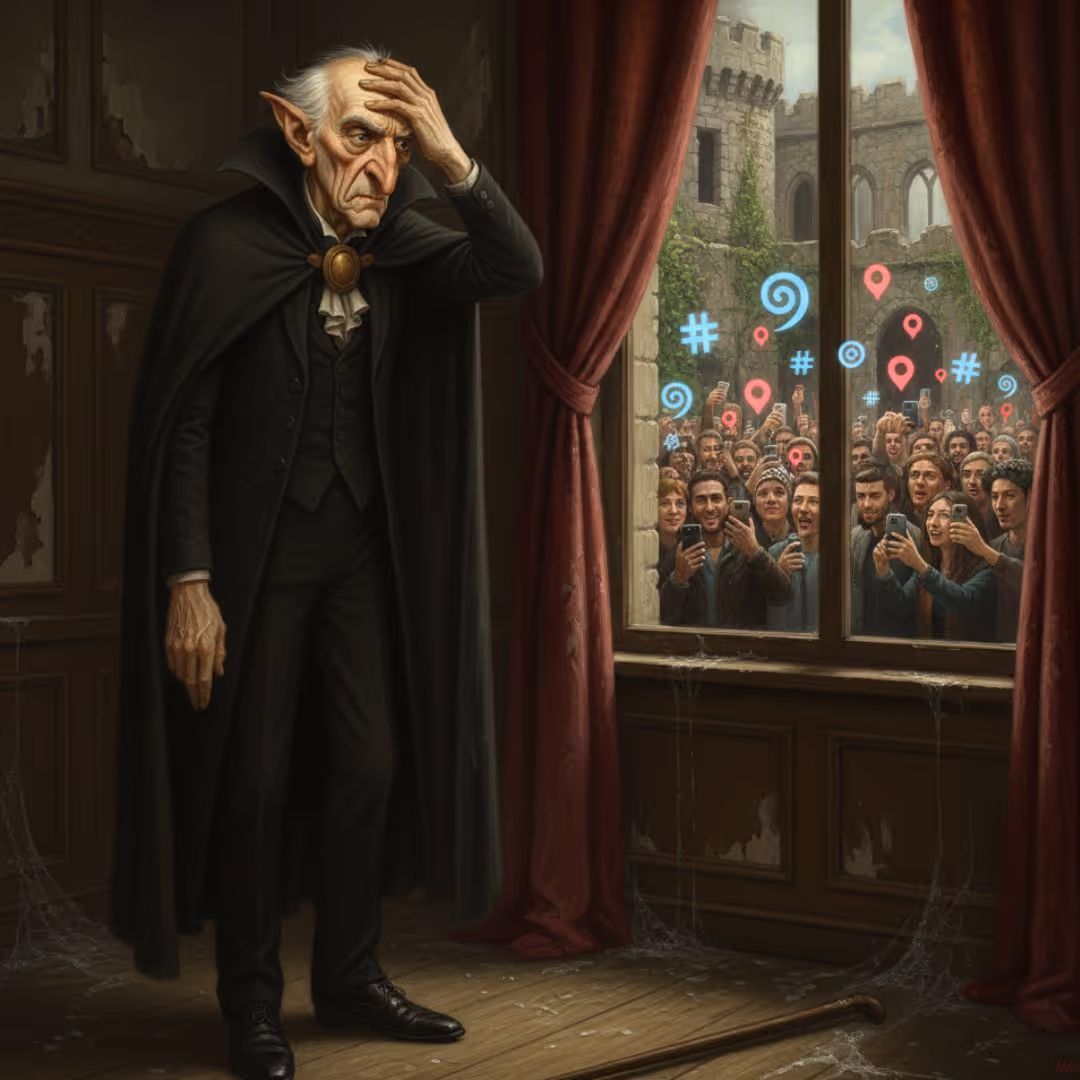 grumpy dracula modern technology scene showing him distressed while people take photos with smartphones outside the window