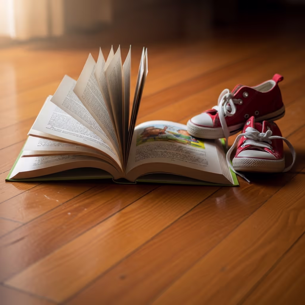 An open book on a wooden floor beside a pair of small shoes, warm light, suggesting a child absorbed in reading — humor and reading resistance