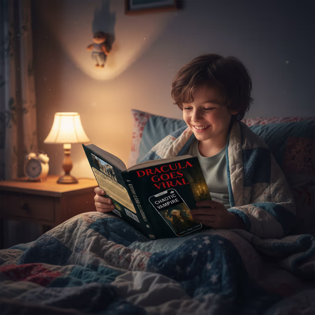 Child laughing reading Dracula Goes Viral