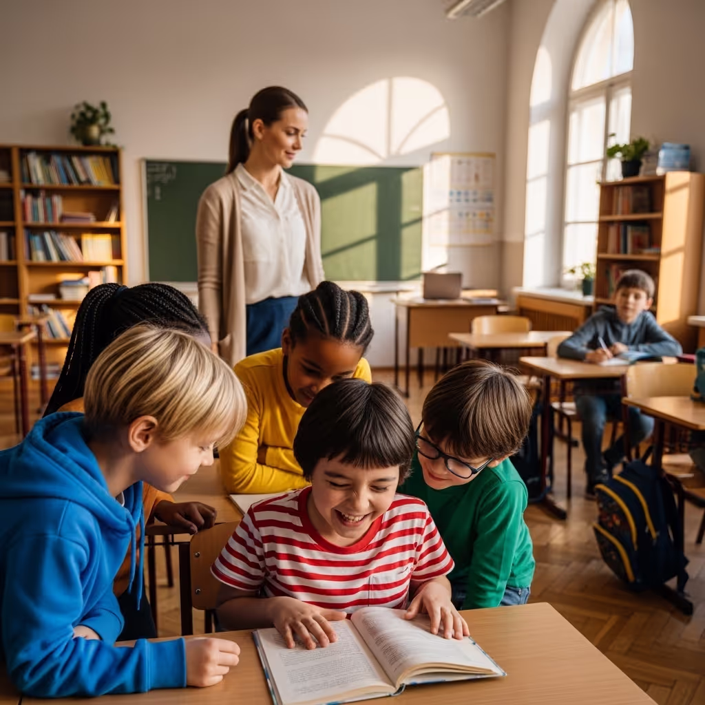 A child laughing at a book in a classroom while others lean in curiously, illustrating how humor reduces reading resistance in children