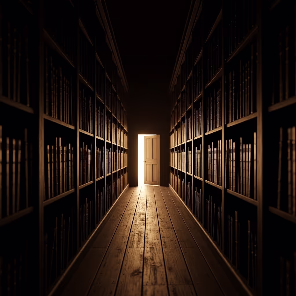A long dark library corridor leading to a small door ajar with golden light beyond, hinting at the hidden world humor opens for reluctant readers