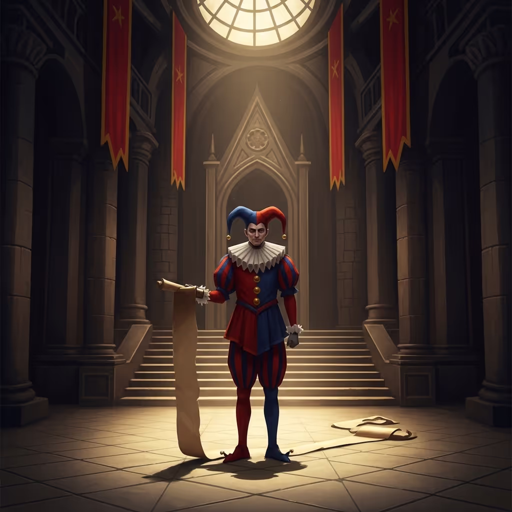  A funny character in a story — a dignified jester standing alone in a grand throne room holding an absurdly long scroll, dramatic lighting
