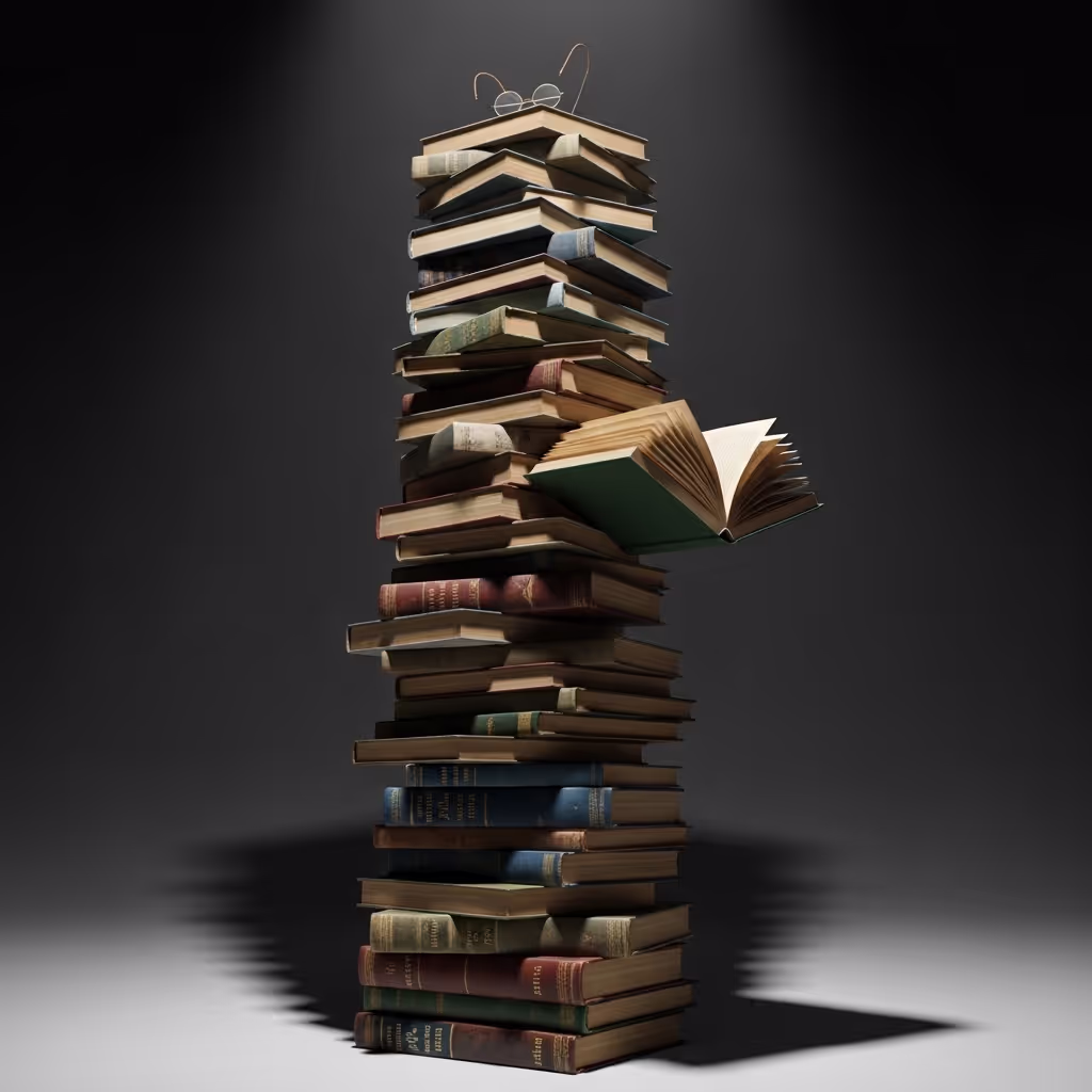 A dramatically lit towering stack of books with glasses perched crookedly on top, one book falling sideways.