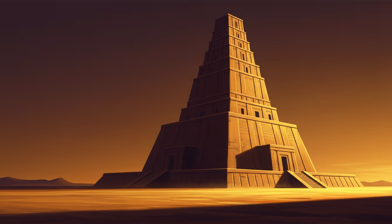 A towering ancient ziggurat on a golden plain at dusk, dramatic side lighting, representing Mesopotamia in children's fiction as an unexplored world
