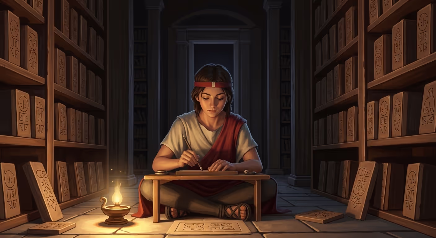 A young scribe writing on a clay tablet by lamplight in an ancient Mesopotamian library, illustrating the world of Mesopotamia children's fiction waiting to be discovered