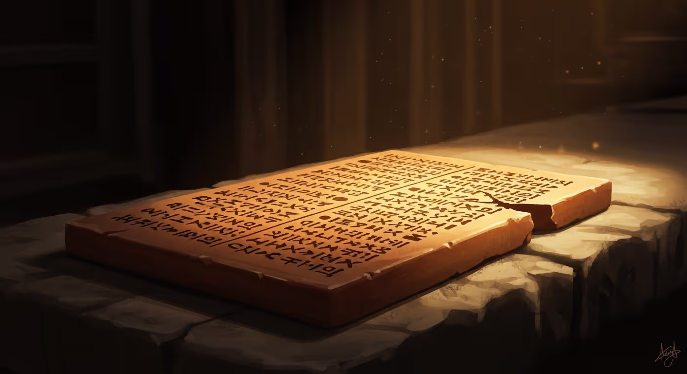 A worn clay tablet with cuneiform writing in warm light, hinting at the ancient stories of Mesopotamia waiting to enter children's fiction