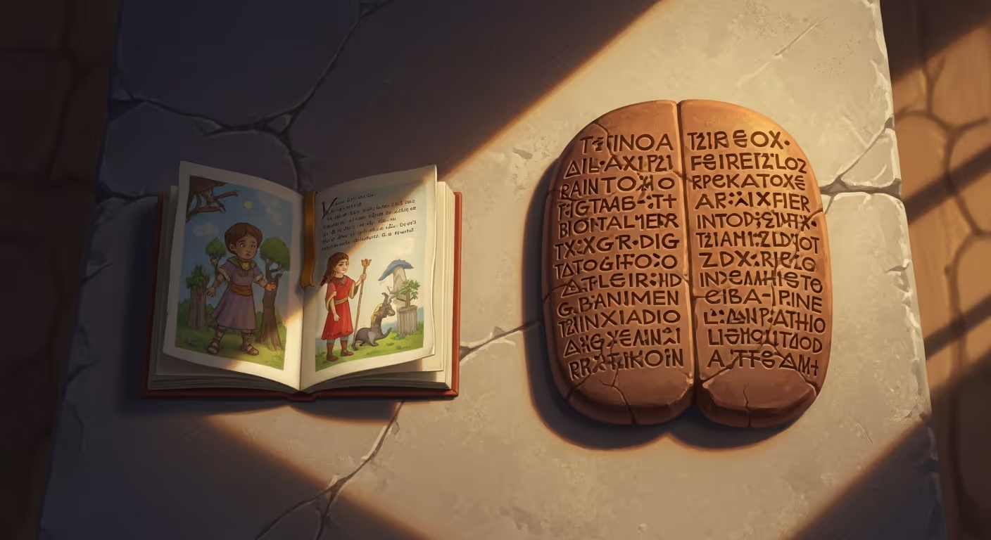 A children's storybook and an ancient clay tablet side by side in warm light, a featured image representing the untold potential of Mesopotamia in children's fiction