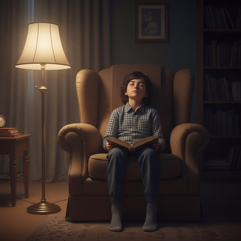 A child with closed eyes and an open book in a warmly lit armchair, lost in a fictional place, illustrating the experience of falling in love with fictional places