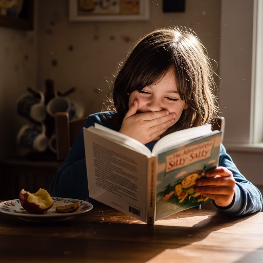A child laughing mid-read at a kitchen table with a forgotten snack beside them, capturing the moment why children laugh at different ages becomes visible