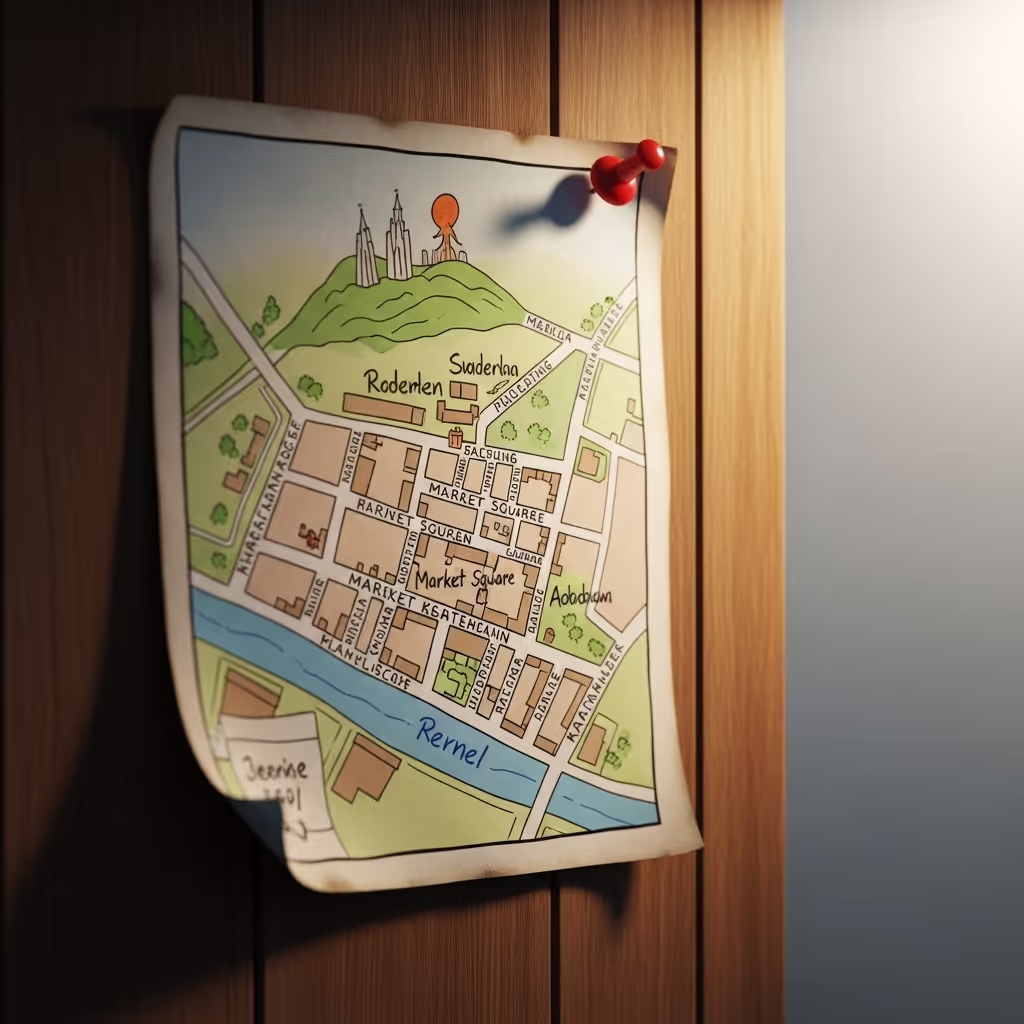 A worn hand-drawn map of an unidentifiable fictional town pinned to wood, hinting at the fictional places readers fall in love with