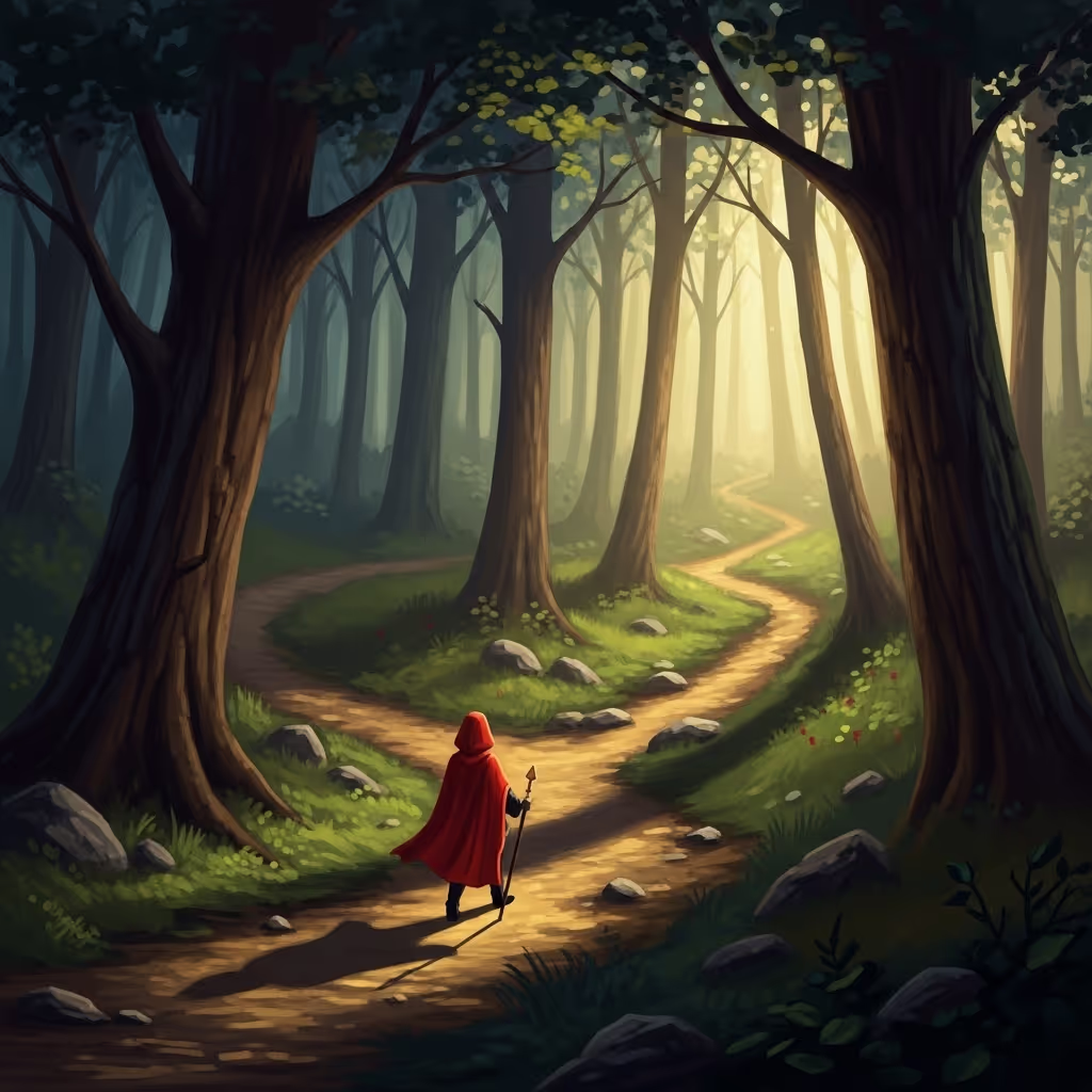A fairy tale forest scene with a cloaked figure on a path where subtle details are all slightly wrong, representing the moment a familiar story becomes something completely different