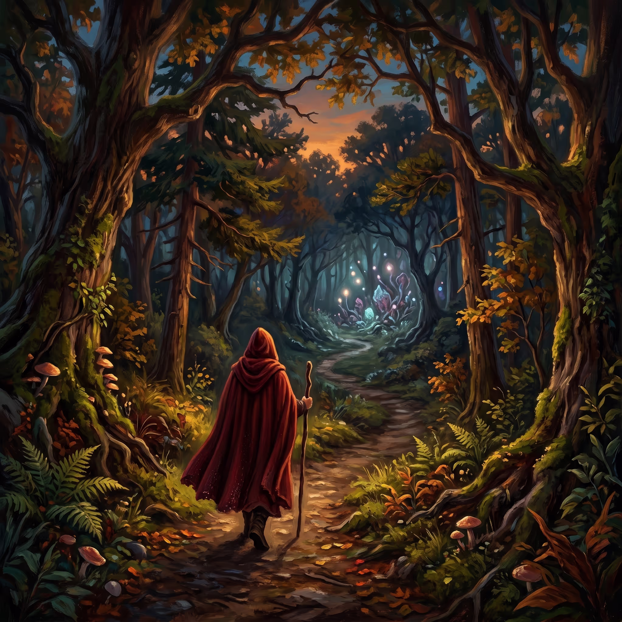 A cloaked figure on a familiar forest path where one subtle detail at the far end is quietly wrong, representing the moment a familiar story becomes something completely different