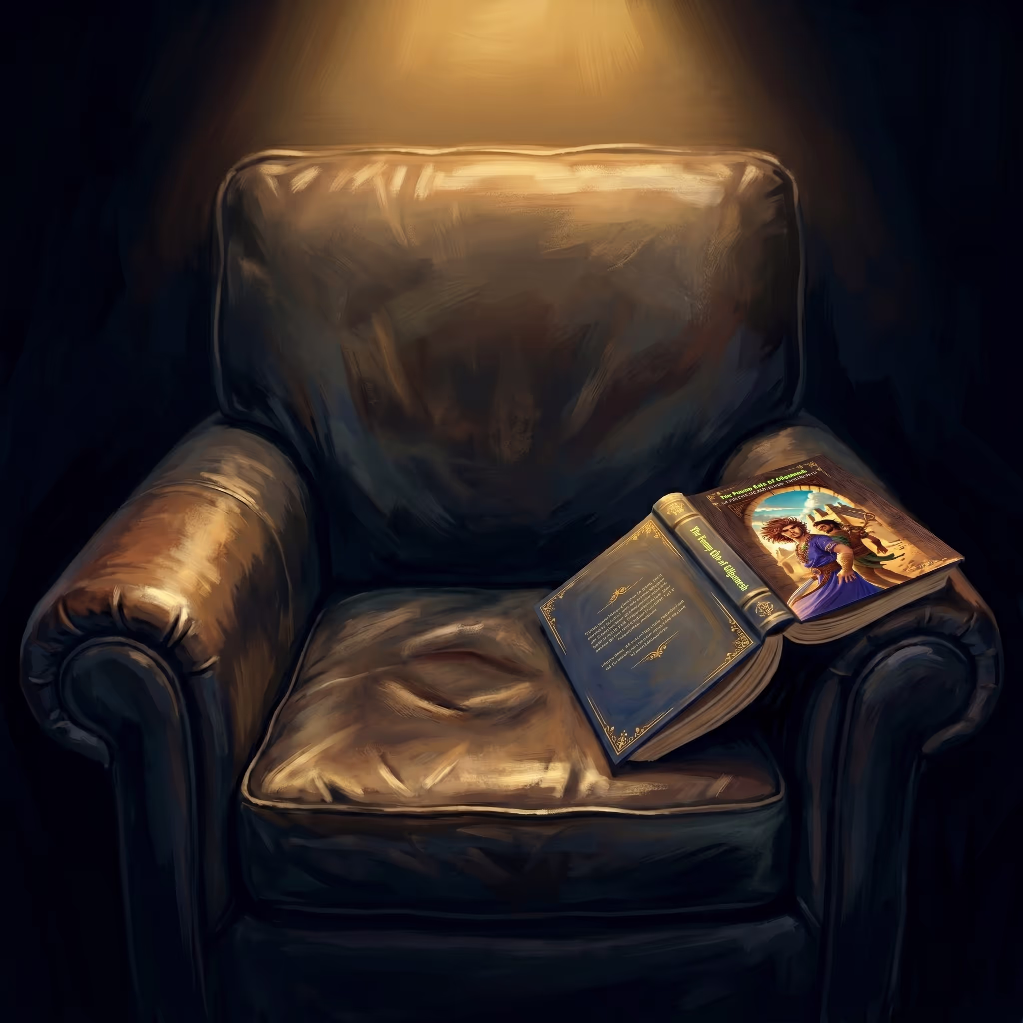 A worn armchair with a book set face-down on the armrest in warm overhead light, featured image representing the lasting impression of funny characters in stories