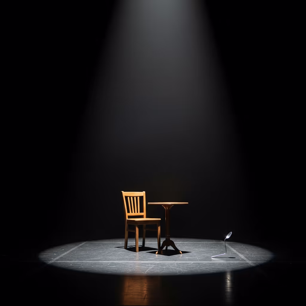 A spotlit stage with a prepared scene, but a small overlooked object outside the light stealing attention — representing the funniest moment in a story arriving where least expected