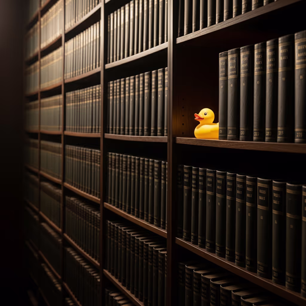 A shelf of serious bound volumes with a single small rubber duck between them in warm light, capturing the feeling of the funniest moment in a story arriving where least expected
