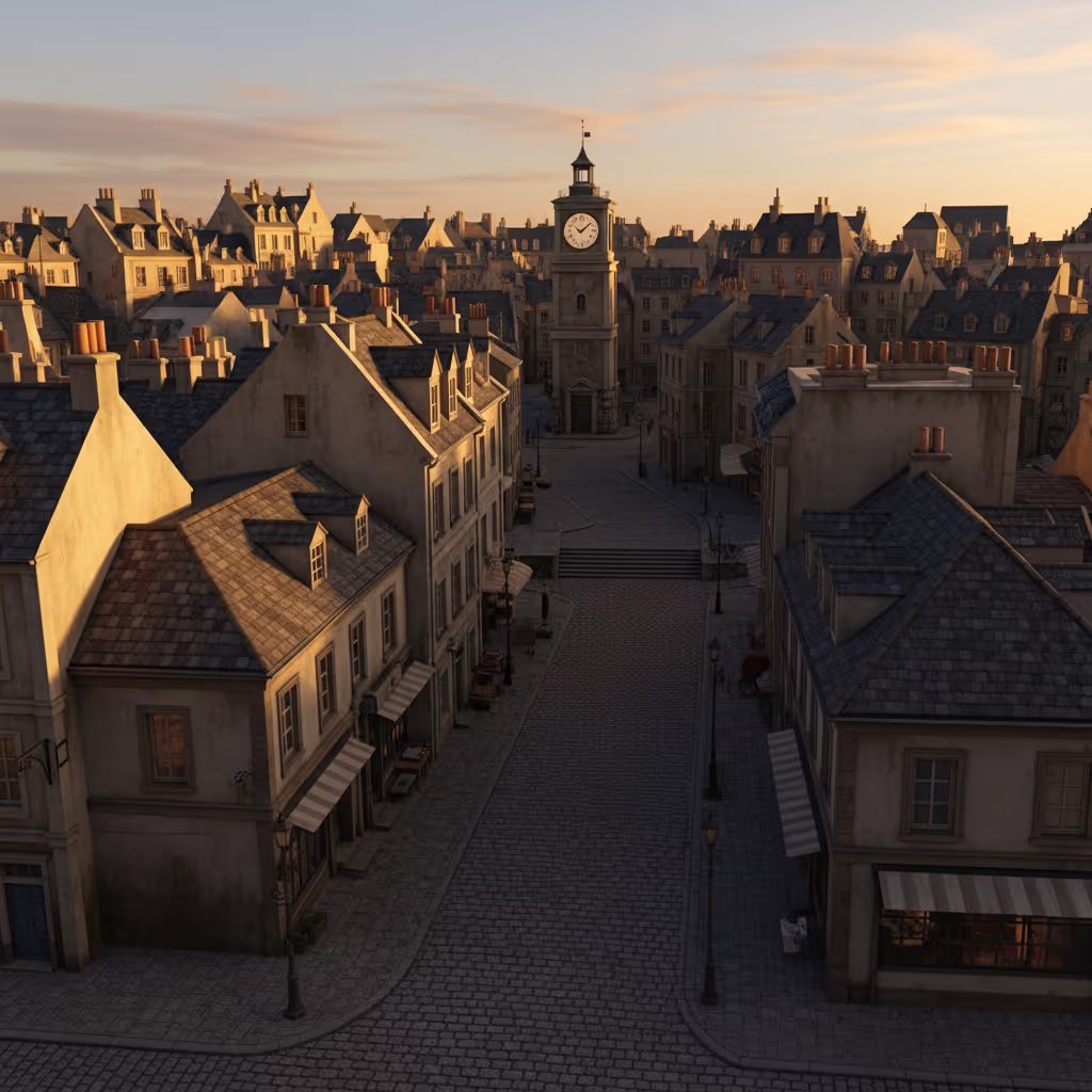 A small fictional town at golden hour with mismatched buildings and a clock tower frozen at an unusual time, representing the craft of building a fictional town that feels real