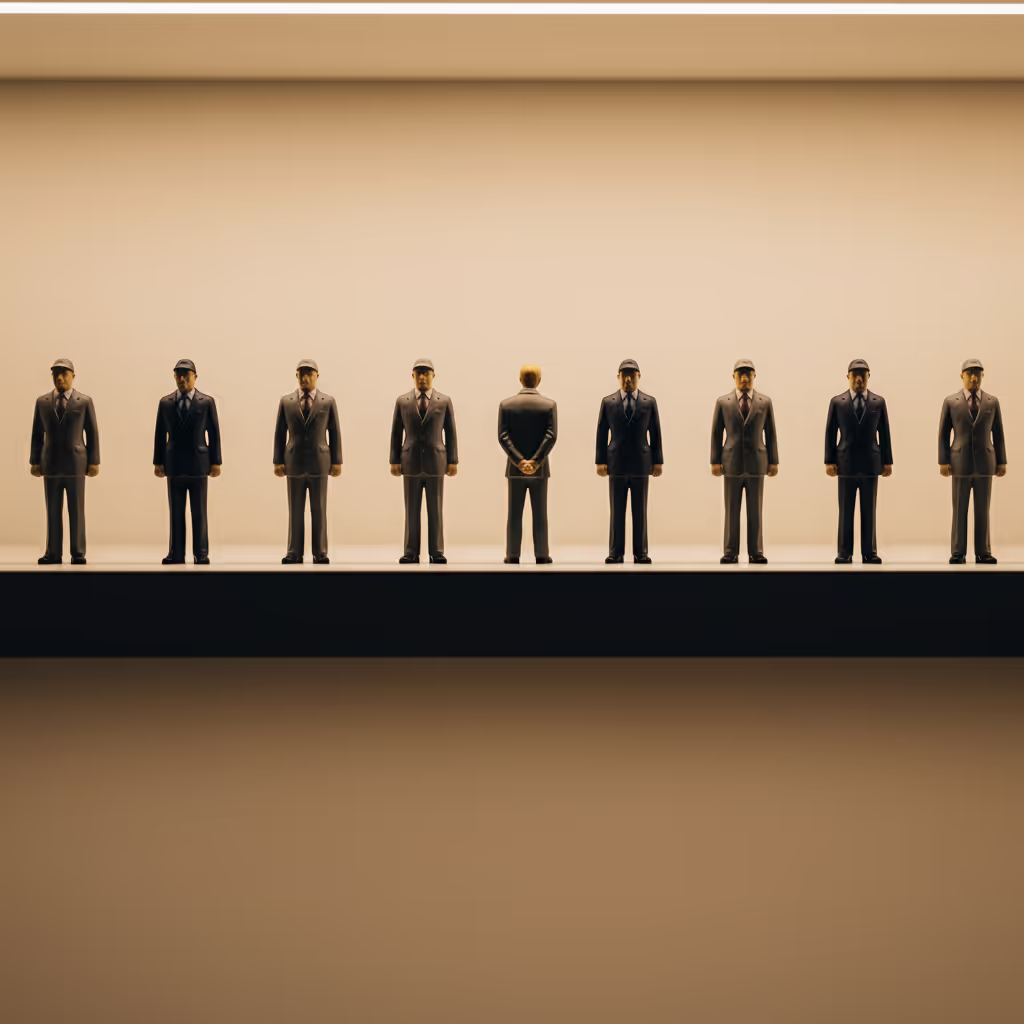 A row of identical figurines with one facing the wrong direction in warm light, featured image capturing the funniest moment in a story as the one detail that refuses to conform