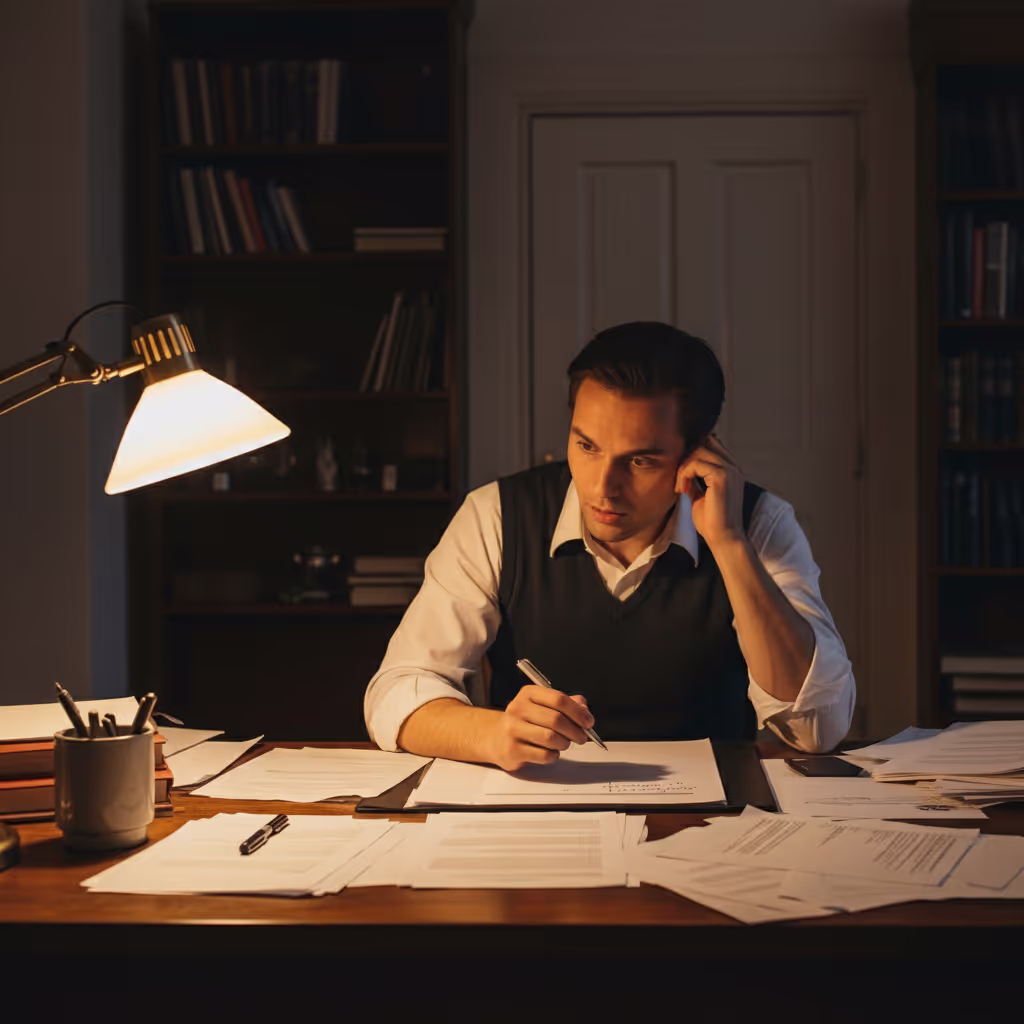 A writer pausing mid-sentence at a cluttered desk with an expression of surprised recognition, capturing the moment the funniest moment in a story arrives uninvited