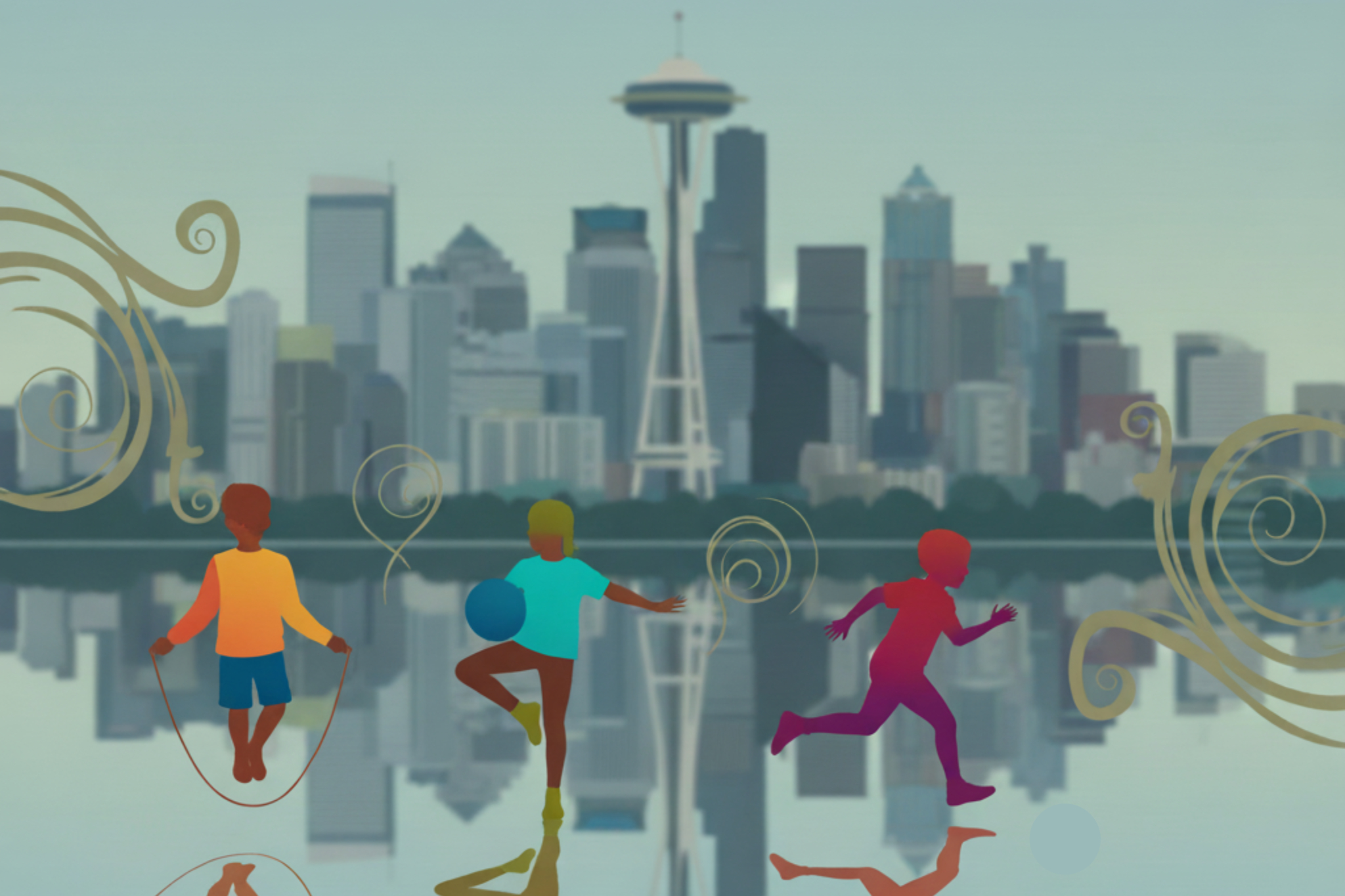 Seattle, WA backdrop with silhouettes of children