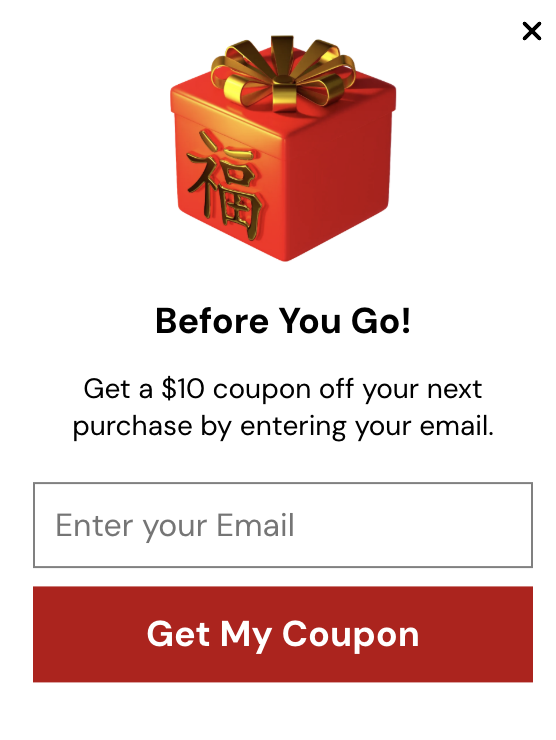 A pop-up window with the headline 'Before You Go!' offering a $10 coupon. 