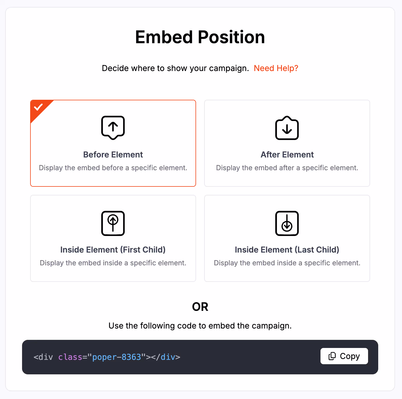 A user interface for selecting an 'Embed Position'.