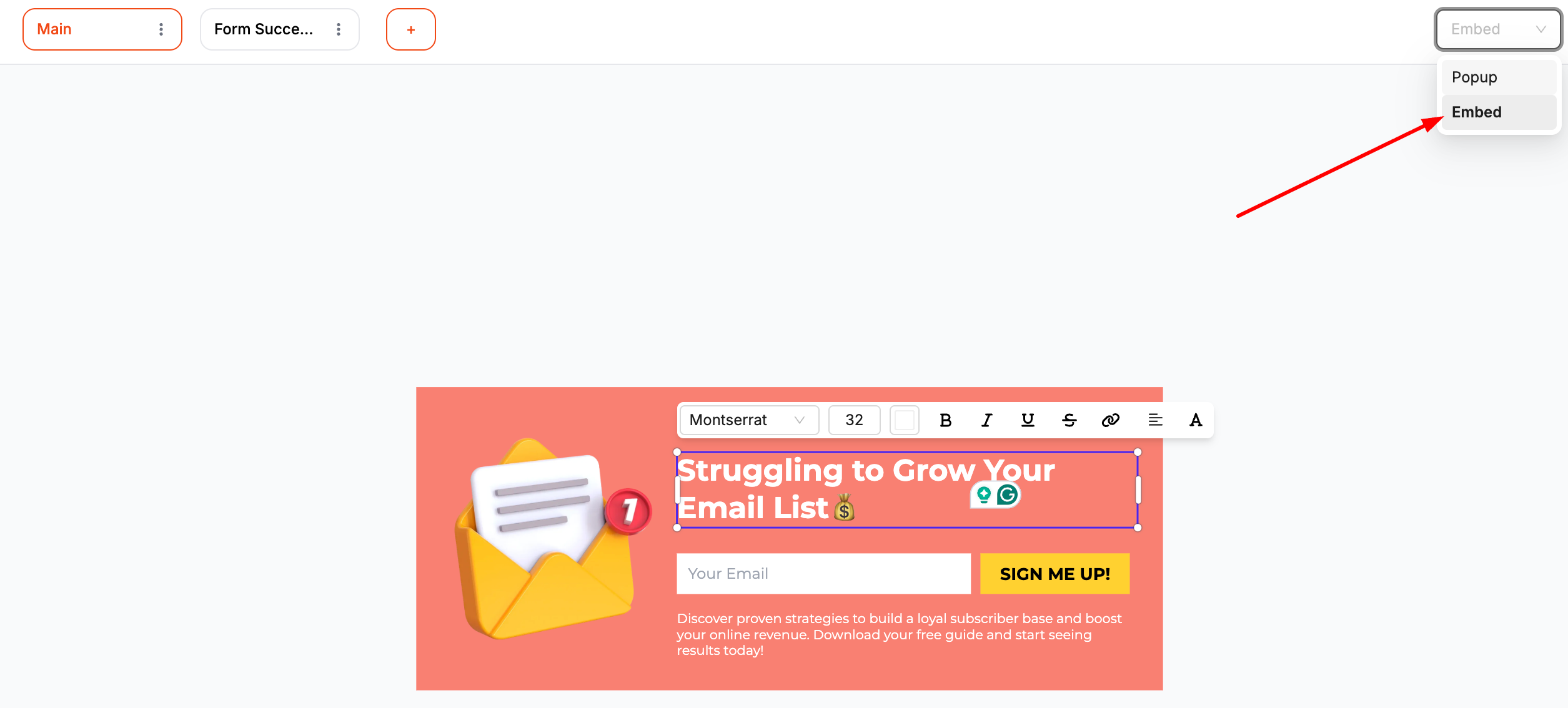 A screenshot of a web form builder interface converting it to an inline pop-up