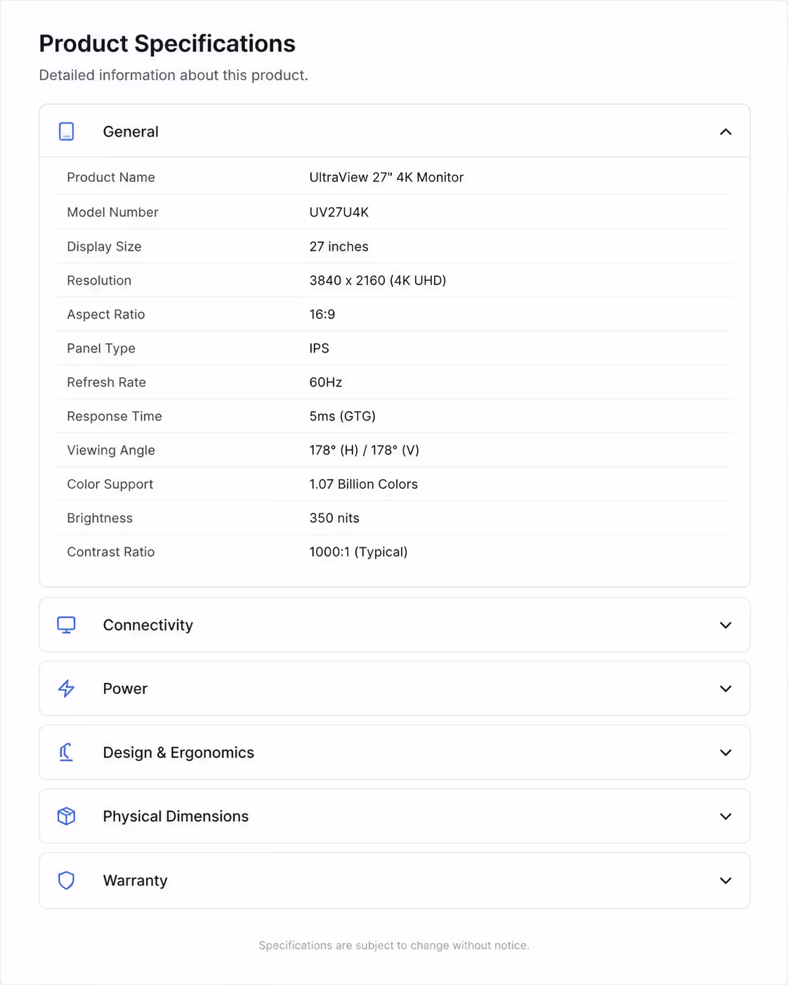 Product specification accordion