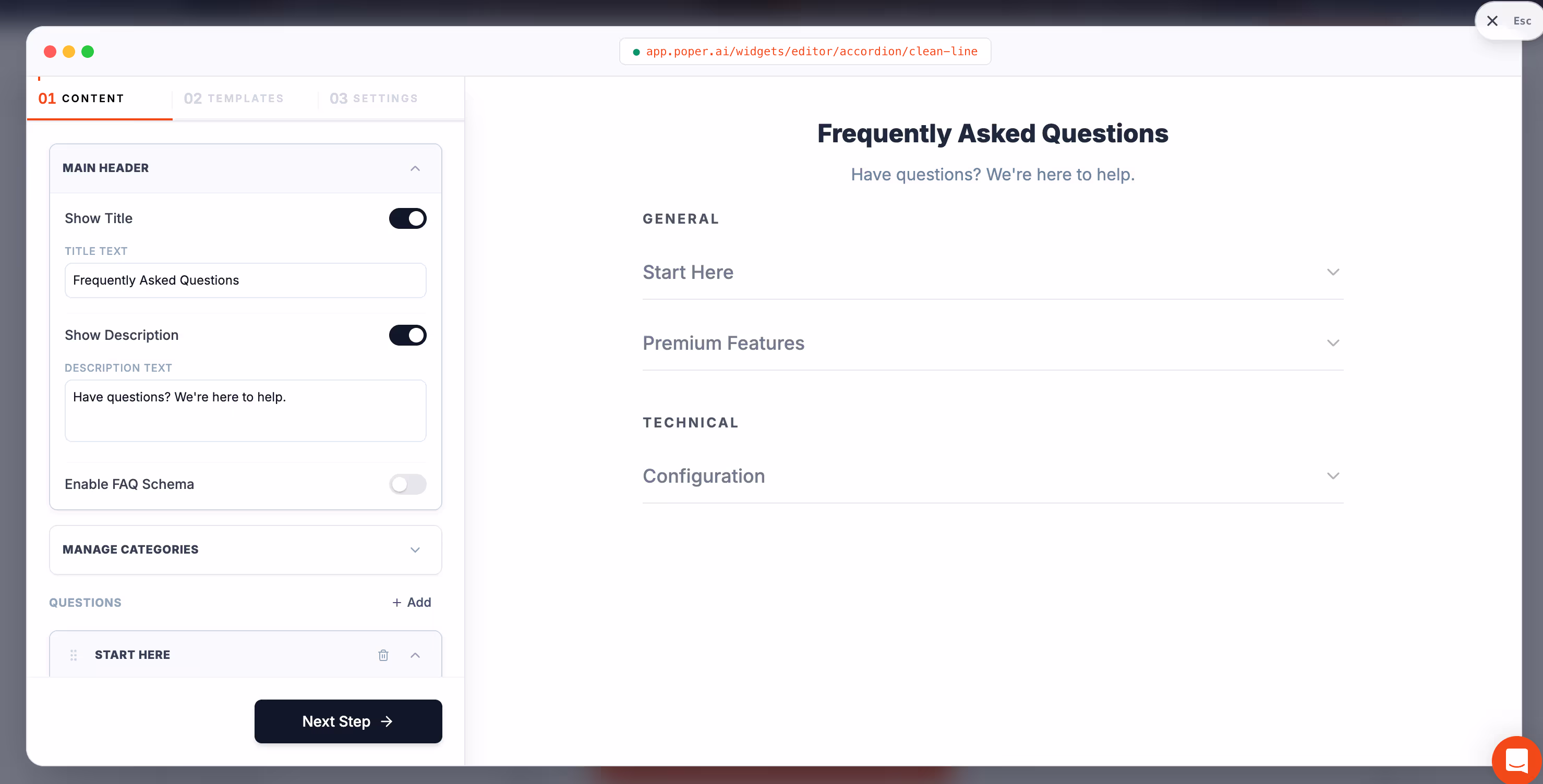 Poper Accordion widget example