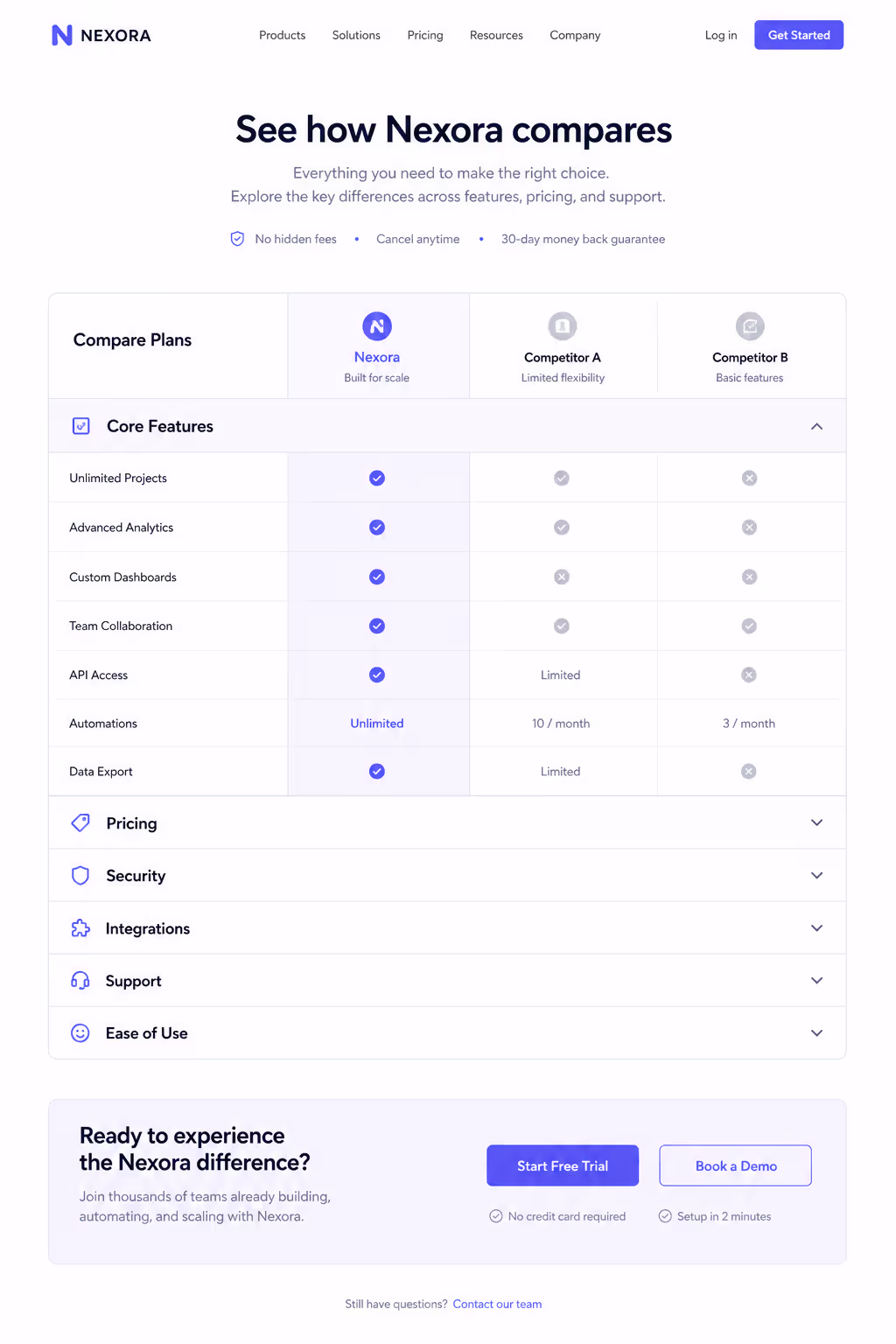 Comparison landing page accordion