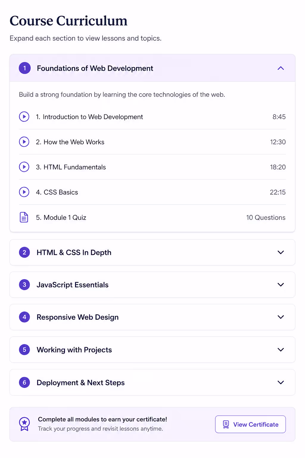 Course curriculum accordion