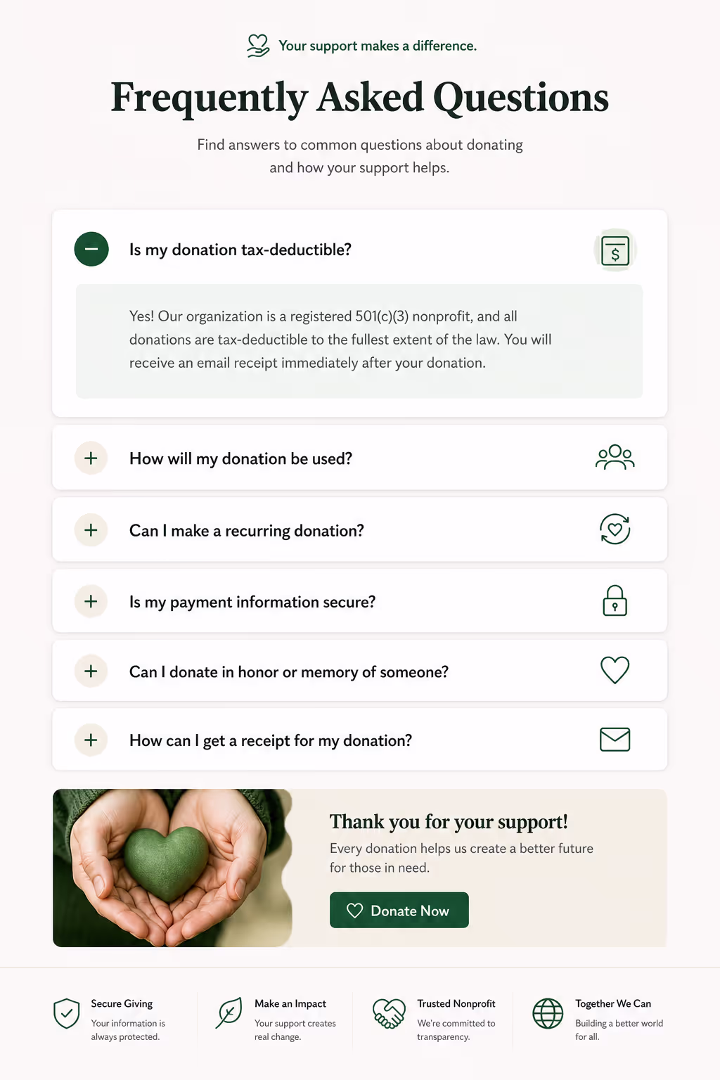 Donation or nonprofit FAQ accordion