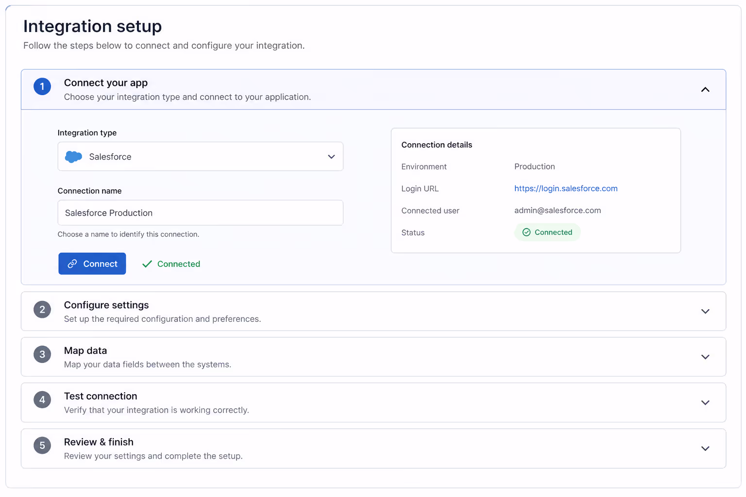 Integration setup accordion
