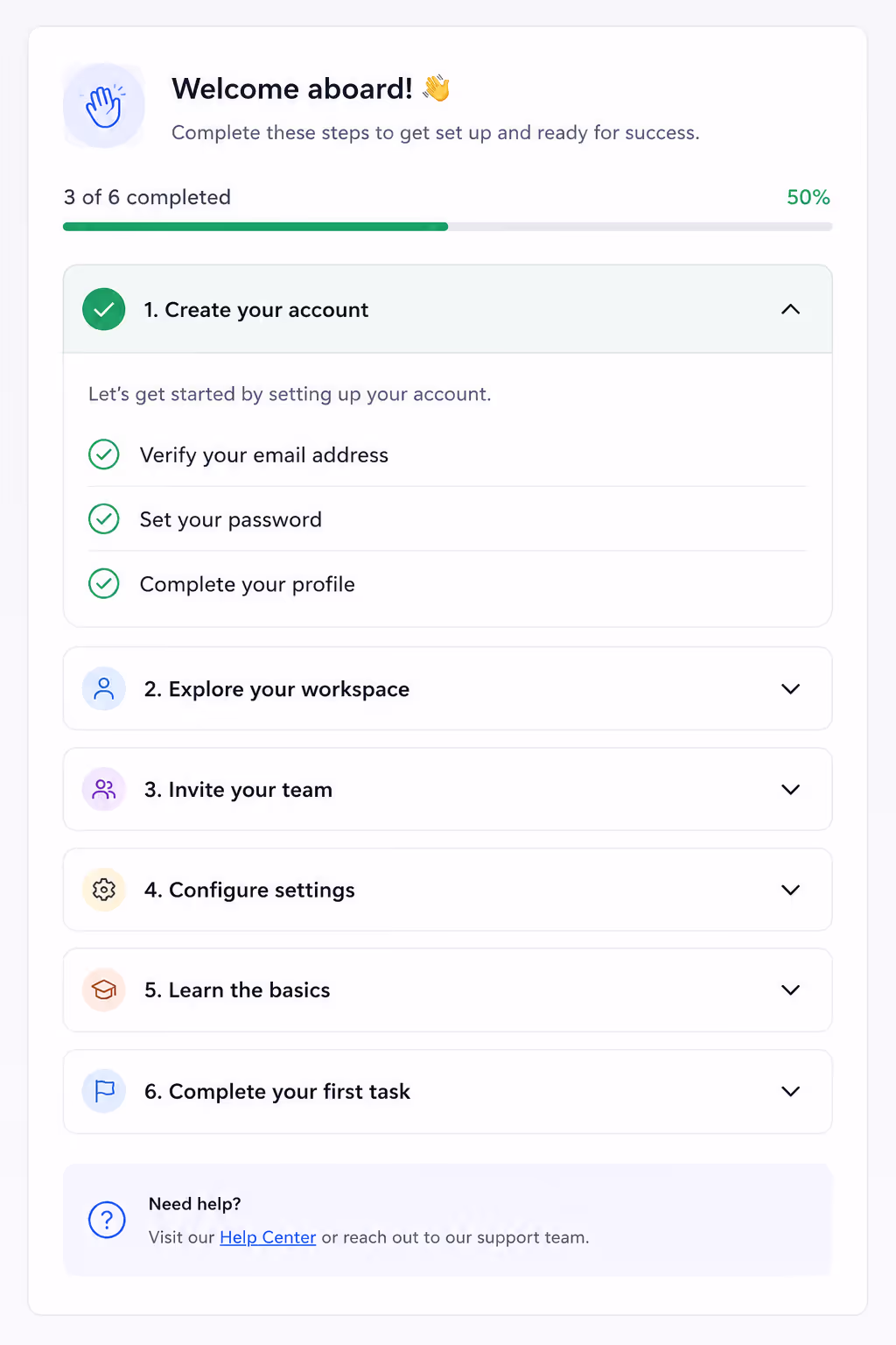 Onboarding checklist accordion
