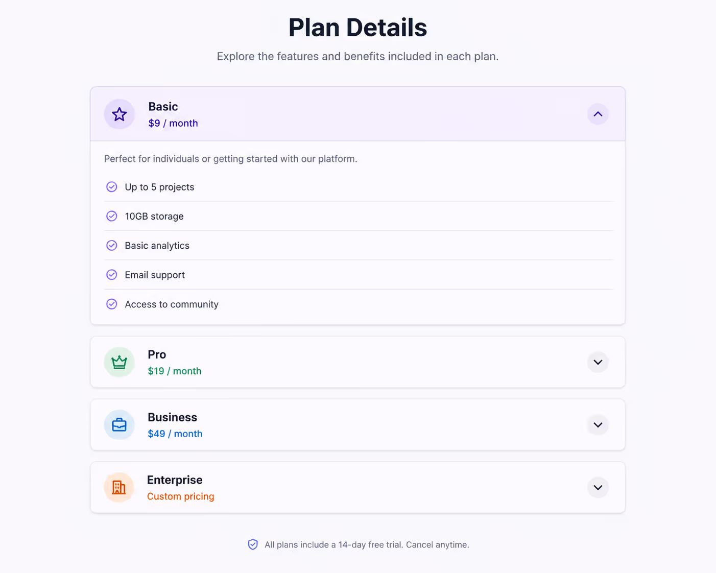Pricing plan details accordion