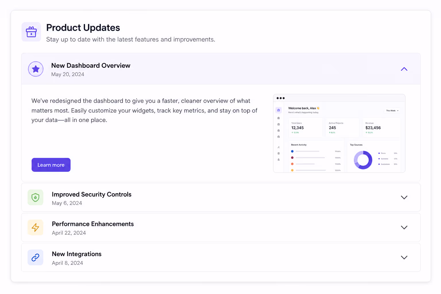 Product update accordion