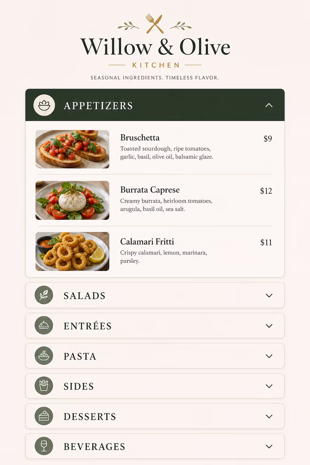 Restaurant menu accordion
