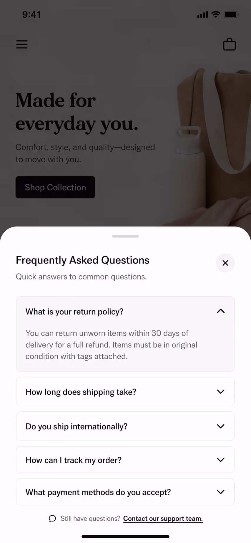 Bottom-anchored chevron FAQ accordion