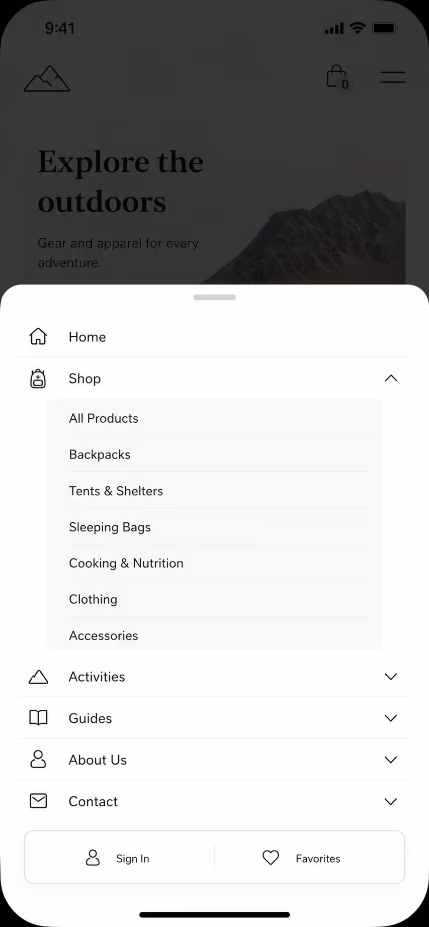 Bottom-sheet mobile menu accordion