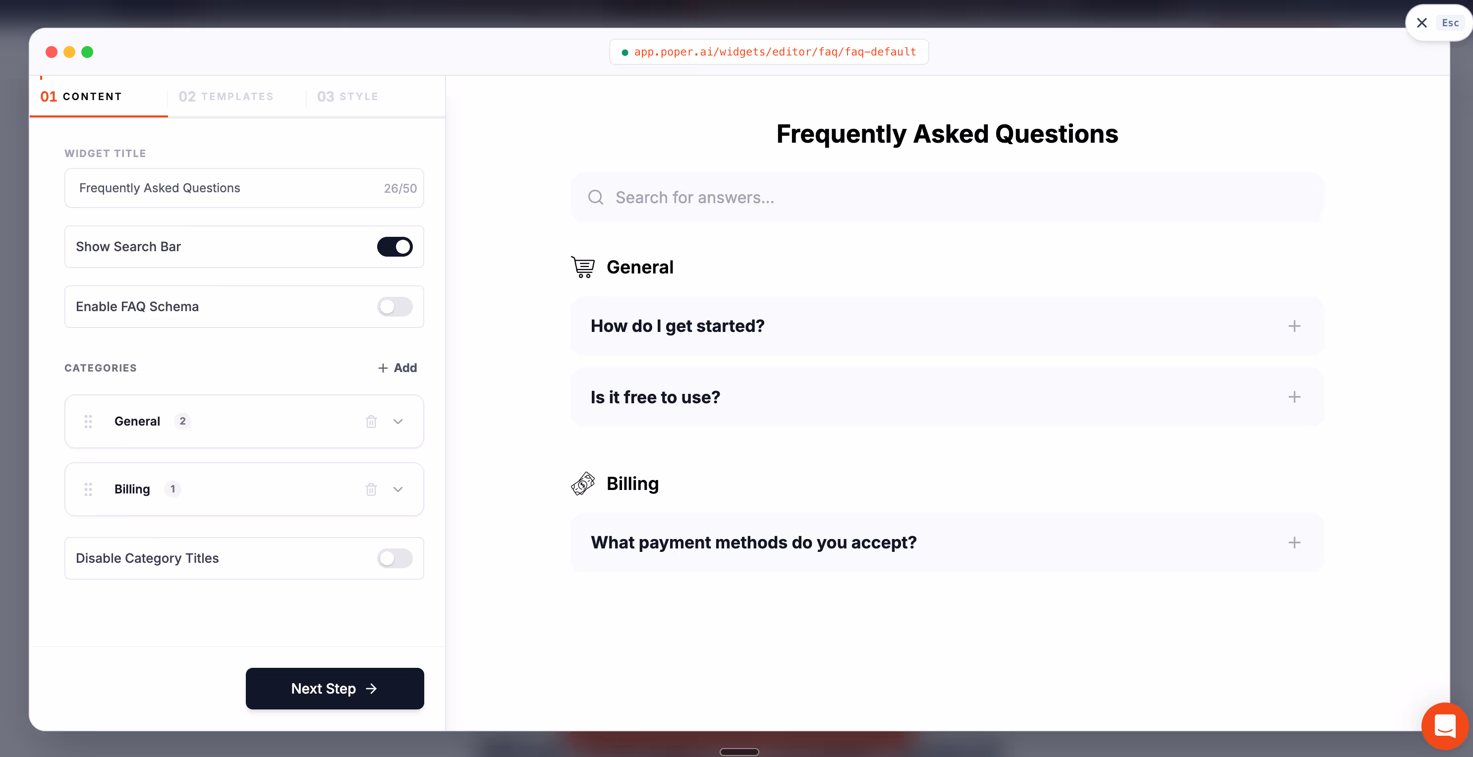 FAQ Widget in Poper