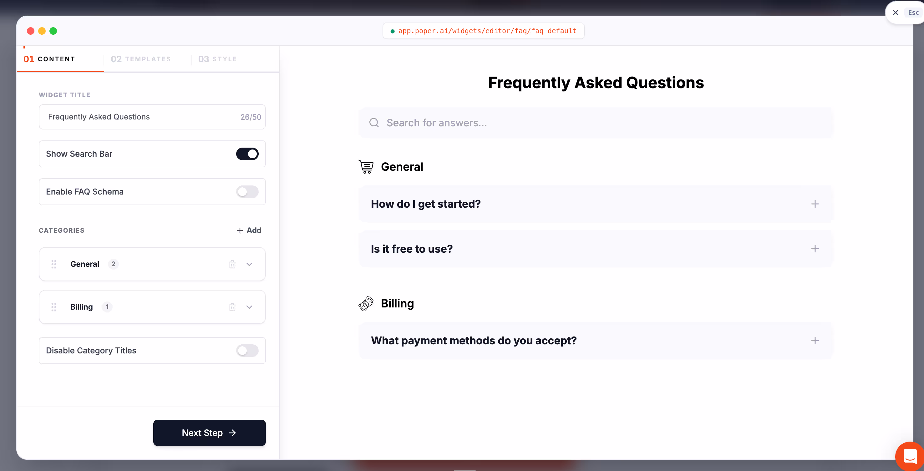 FAQ Widget in Poper
