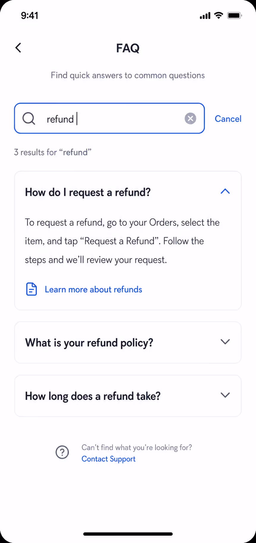 Search-activated FAQ accordion