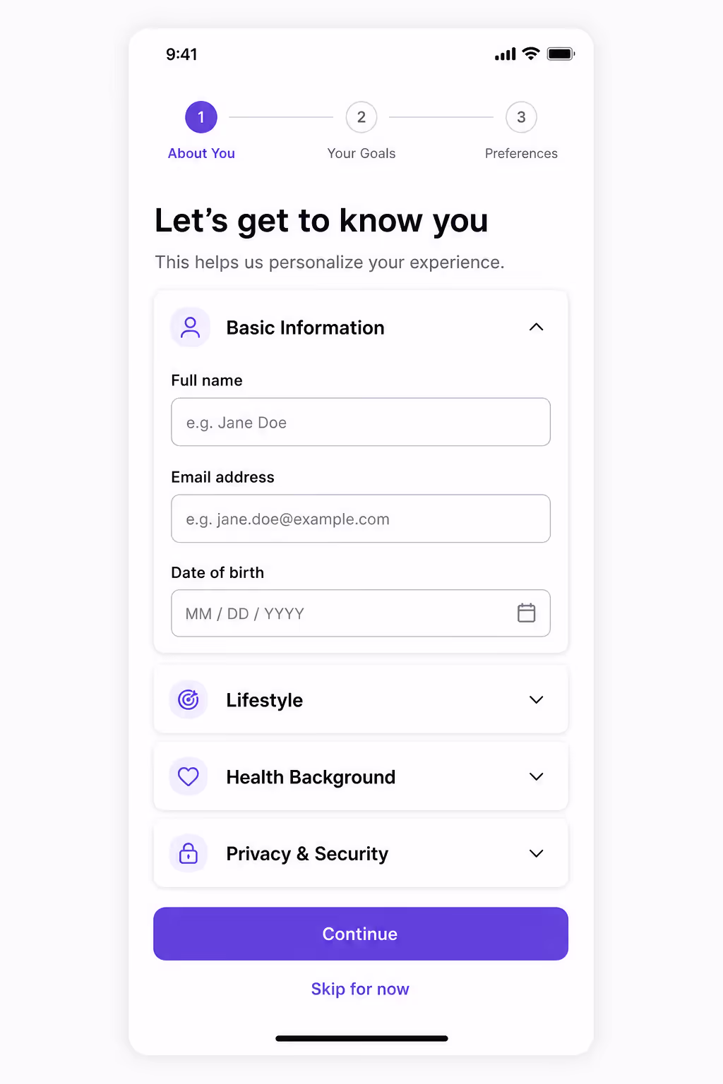 Single-open onboarding accordion with scroll-into-view