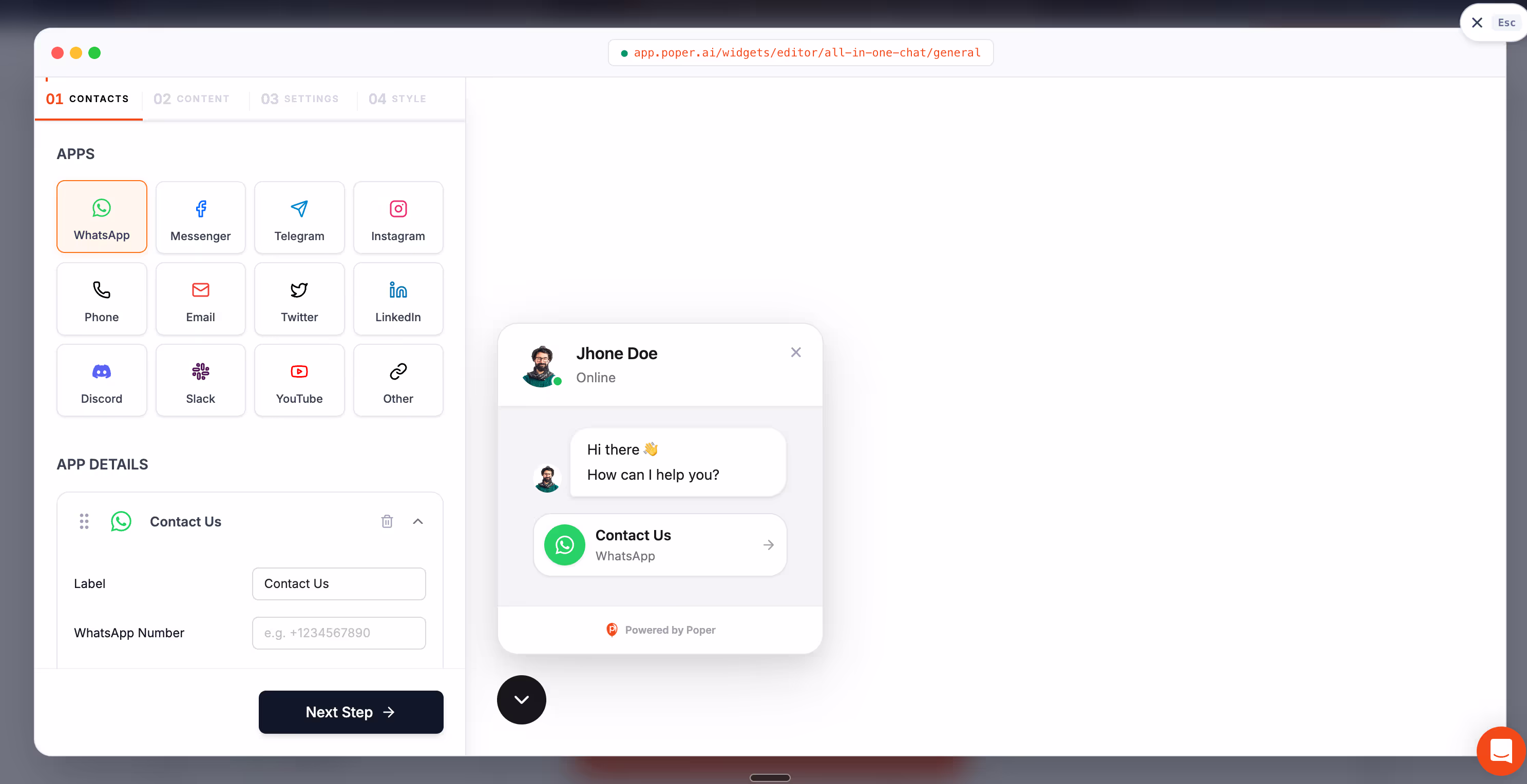 Poper: No code way of adding whatsapp widget