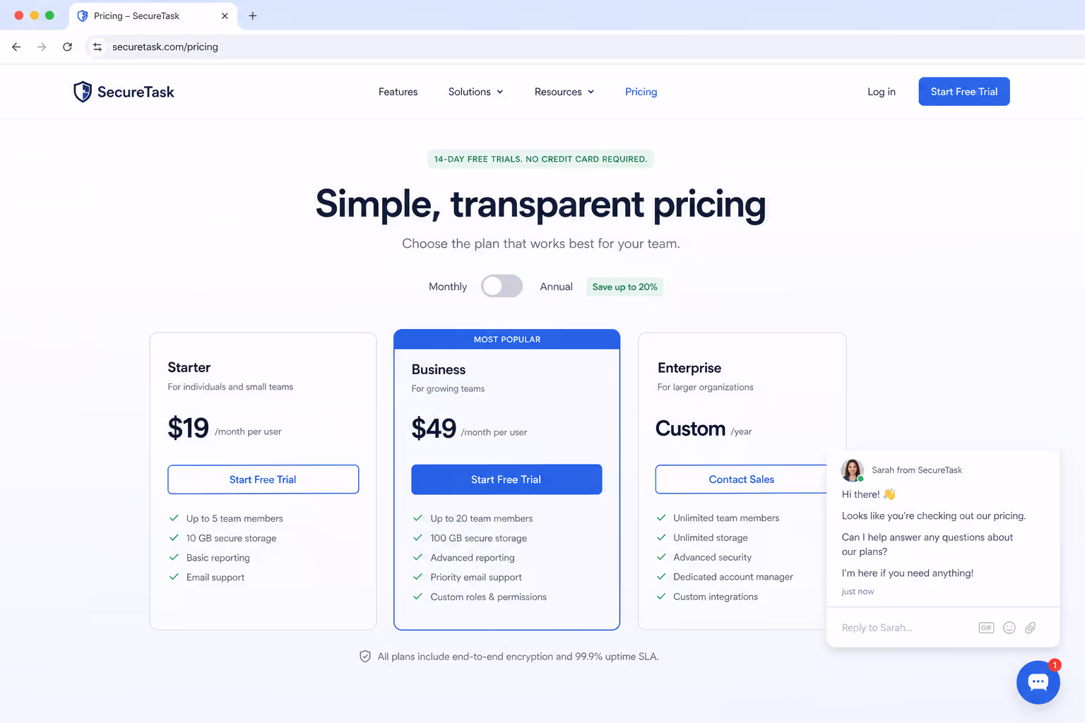 Pricing page chat widget