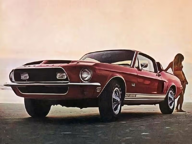1965 mustang ad with sexy woman standing behind.