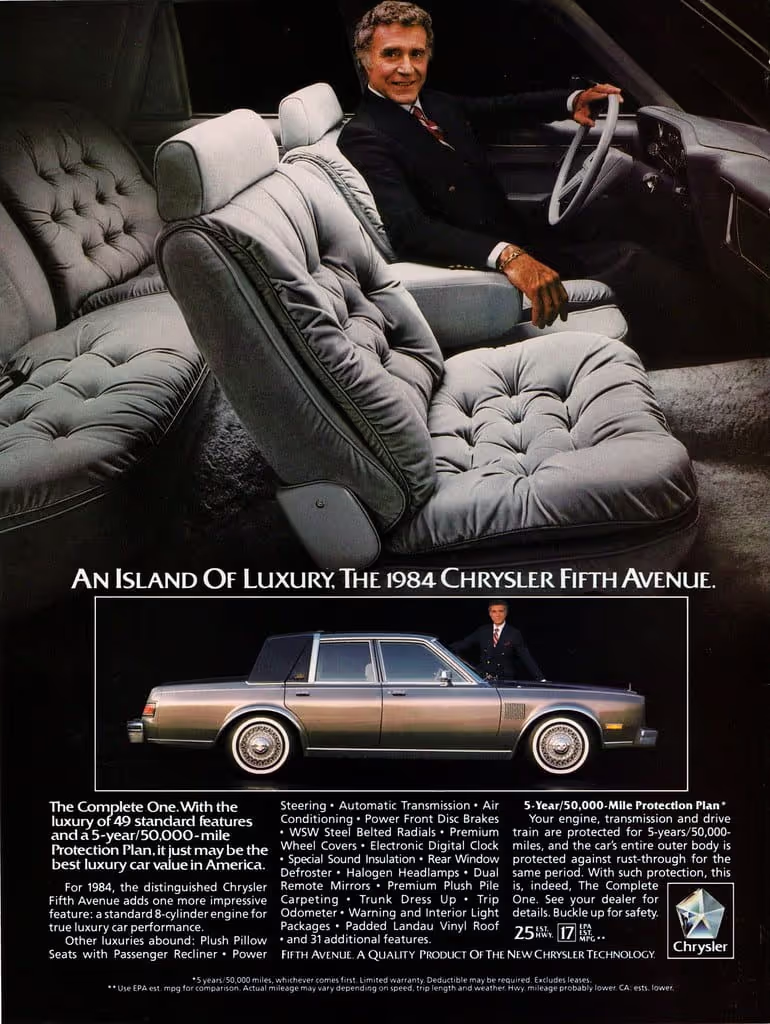 An advertisement for the 1984 Chrysler Fifth Avenue, featuring a smiling man in a suit in the driver's seat, surrounded by plush grey tufted interior. Below this, a silver sedan is shown from the side with another man in a suit standing next to it. Text describes the car's luxury features.